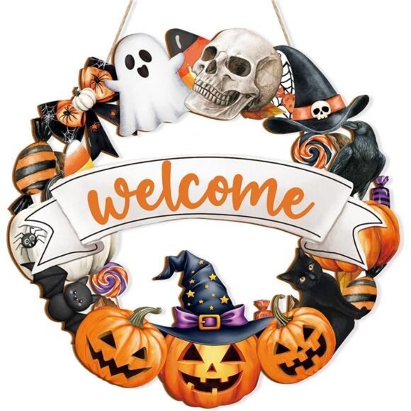 Halloween Decoration Wooden Ghost Door Wreath for Front Door Sign Wall Signs - Picture 1 of 8